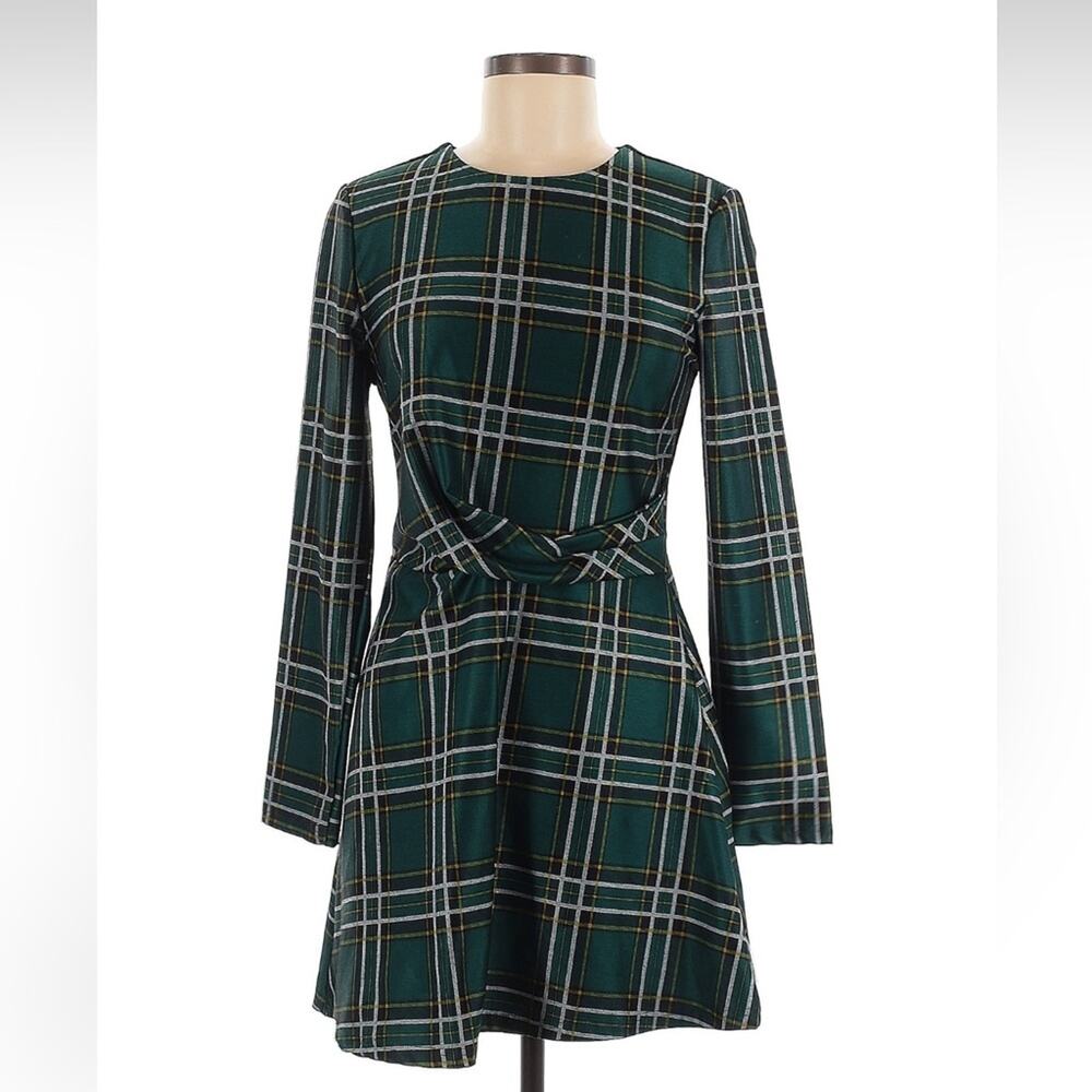Love and Harmony long sleeved green plaid fit and flare dress, m